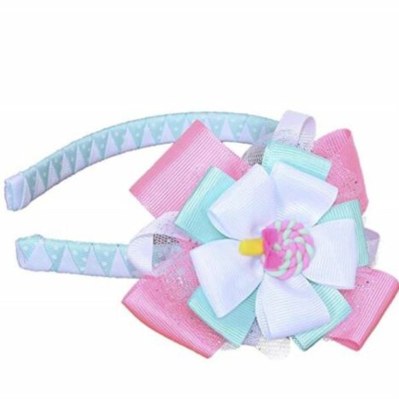 Girl's Headband Flower Design Light Blue Pink & White with Candy Charm - Picture 2 of 2